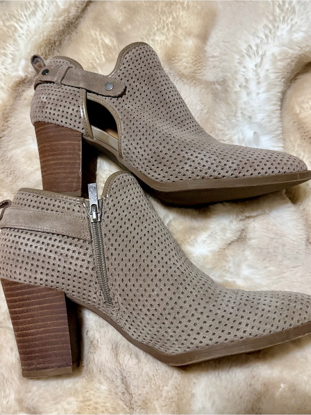 Franco Sarto Perforated Taupe Suede Block Heel Ankle Booties - 10B